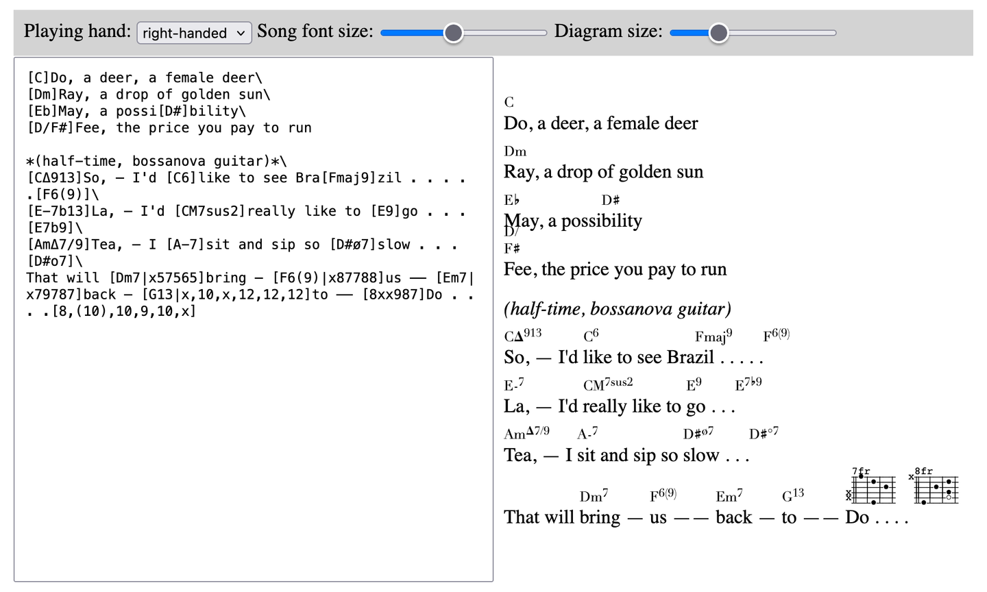 markdown it chords demo showing chord notation in brackets converted to formatted lyrics with guitar diagrams