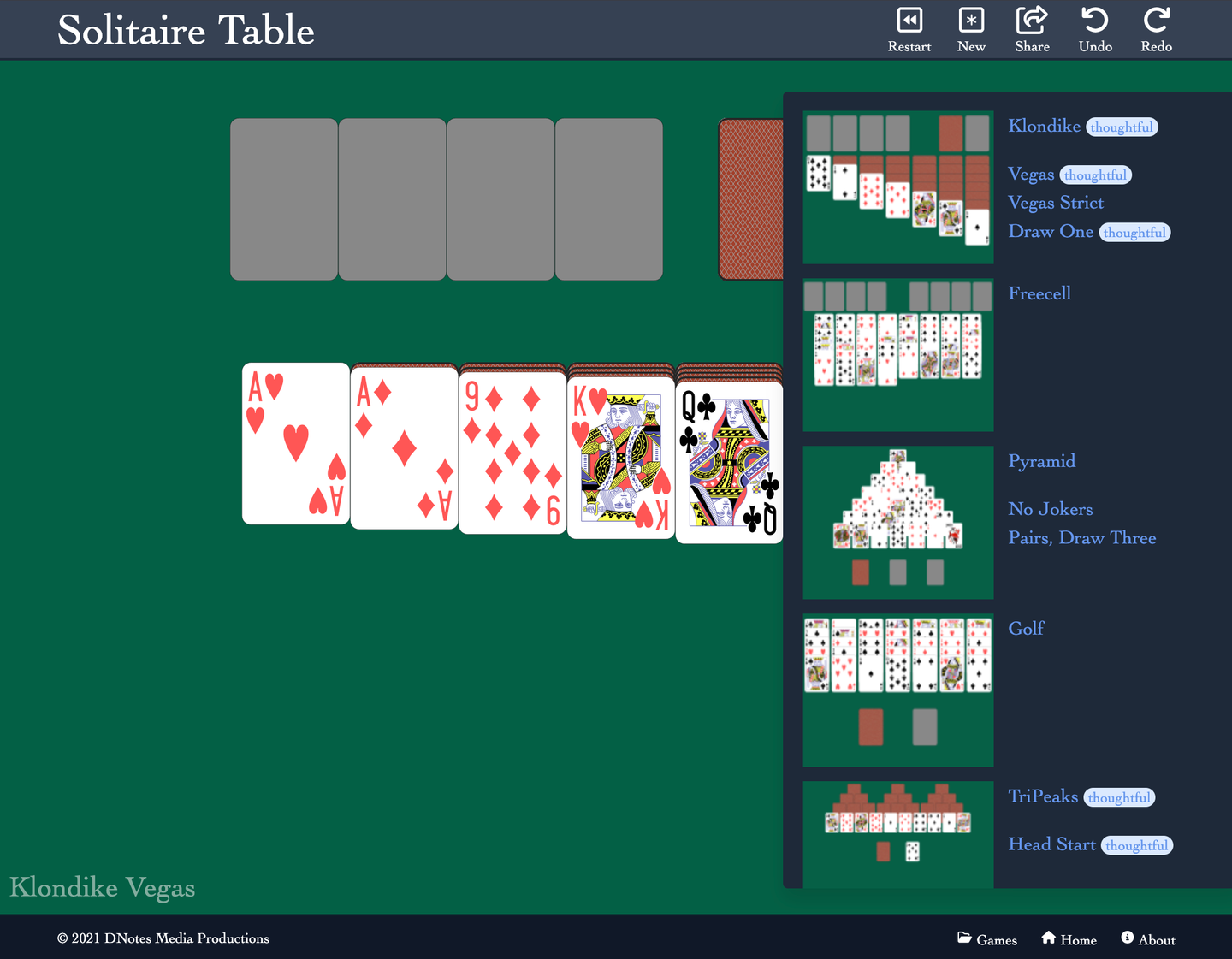 solitaire table app showing klondike vegas game with card layout and game menu