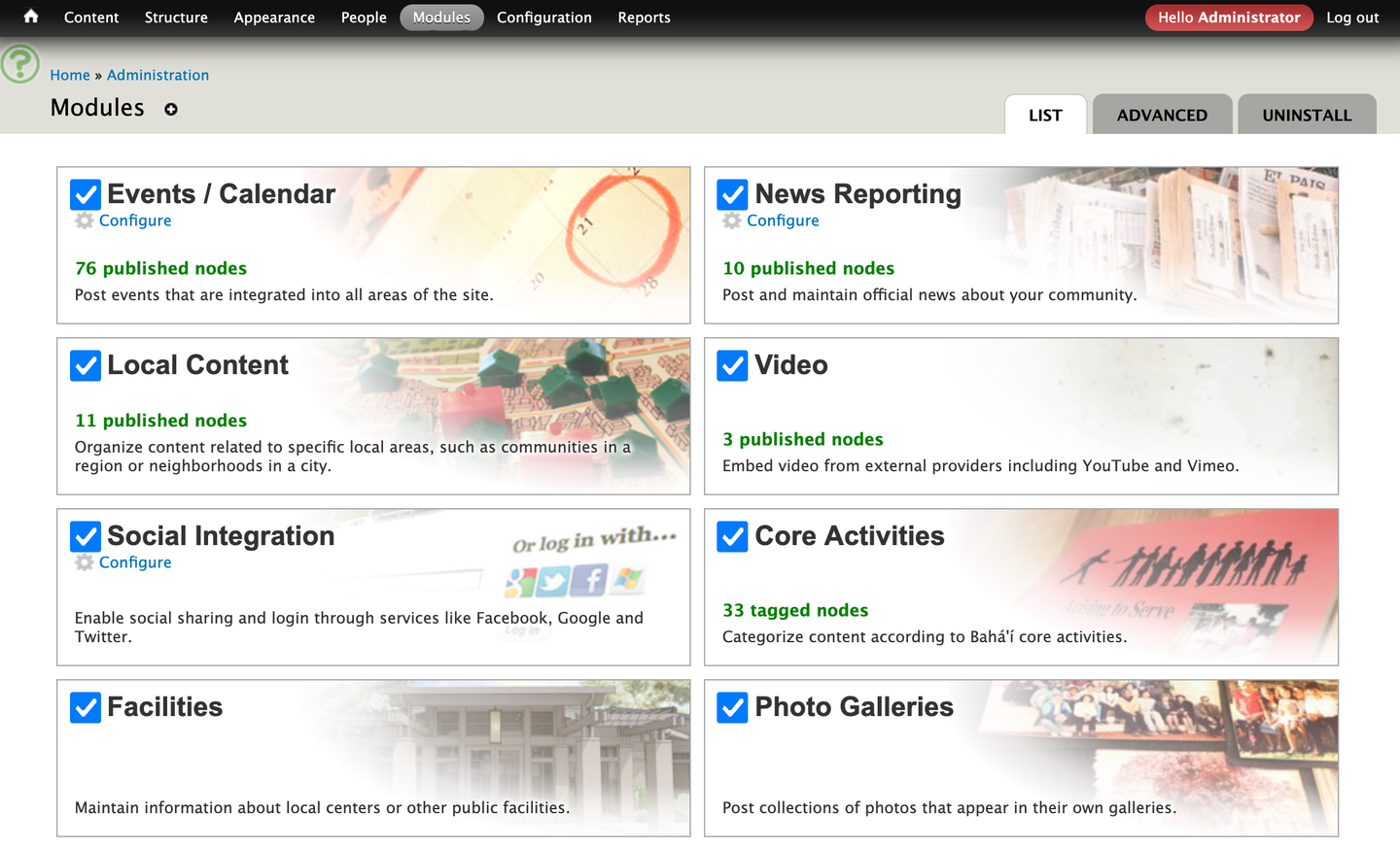 drupal modules dashboard showing local community features and node counts